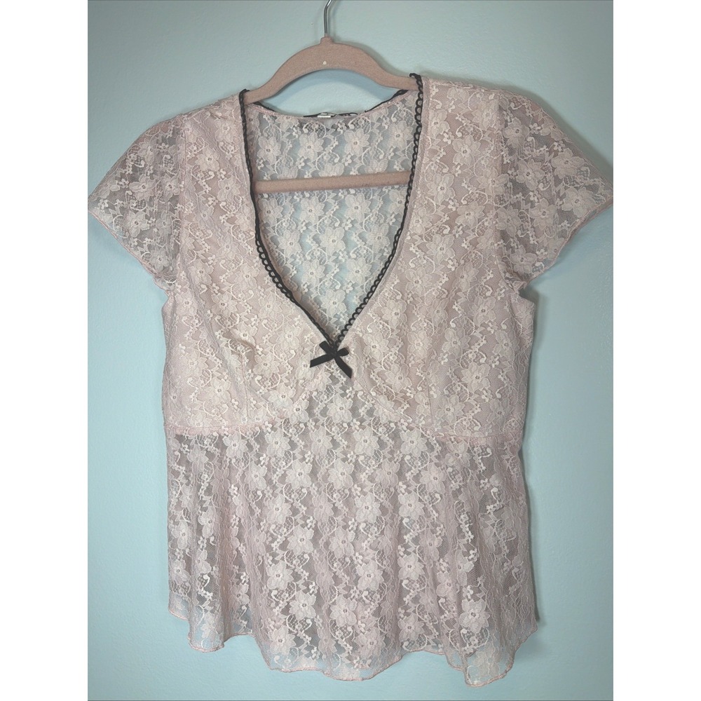 VTG Y2K Pink Lace Shirt Romantic Fairy Coquette Babydoll Top Festival Large